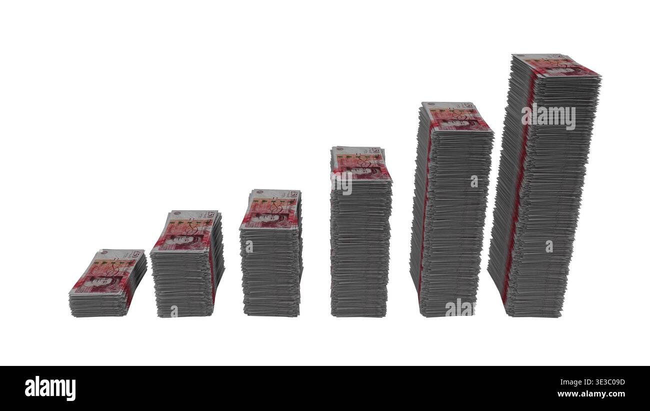 Stacks of Currency Banknotes Arranged in Rising/Falling/Wave Bar Chart Graph, Financial Growth and Recession Concept Stock Photo