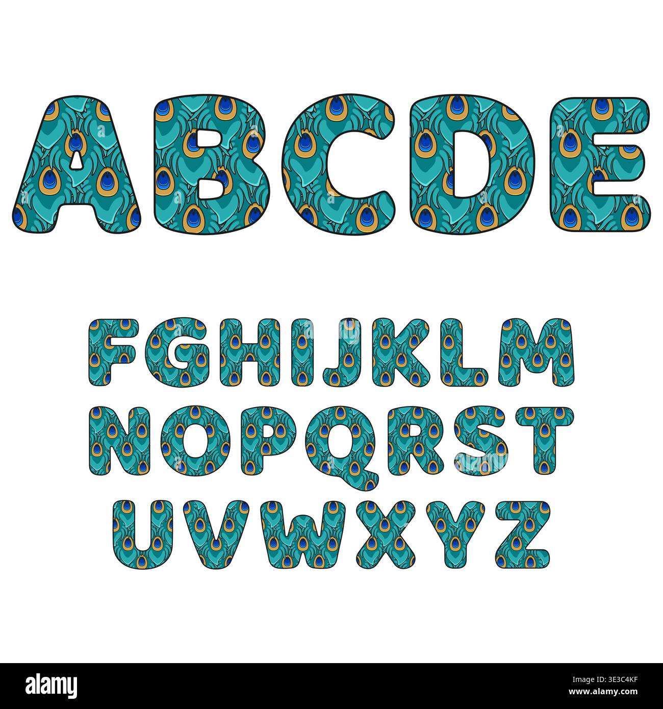 Font, alphabet made from blue peacock feathers. Isolated vector objects on white background. Stock Vector