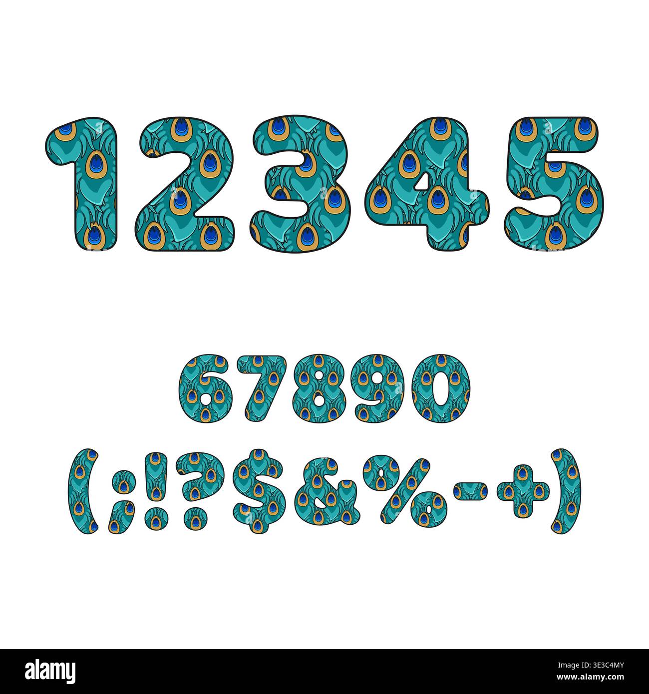 Numbers and symbols made from peacock feathers. Isolated vector objects on white background. Stock Vector