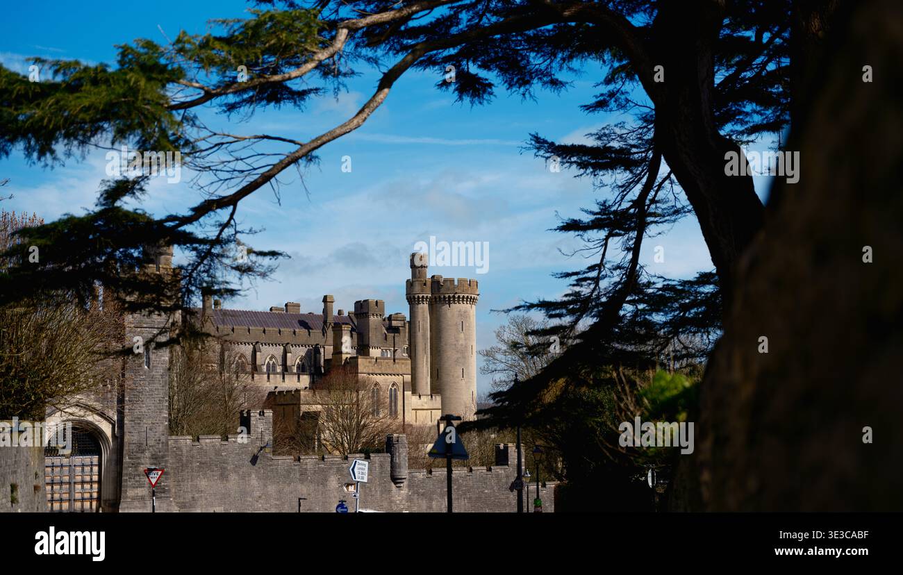 A panoramic view across Arundel West Sussex showing the towers and walls of Arundel Castle viewed from London Road.Medium format high resolution. Stock Photo