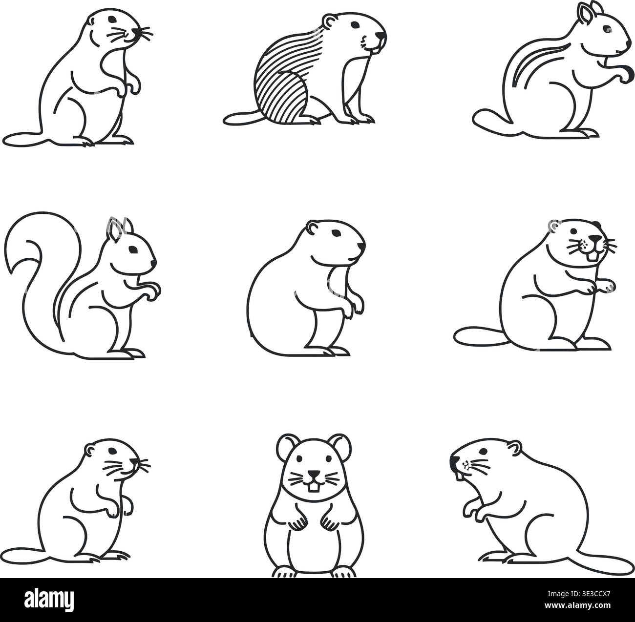 Minimalist Rodent Line Art Icon Set, Squirrel, Beaver & Chipmunk Vector ...