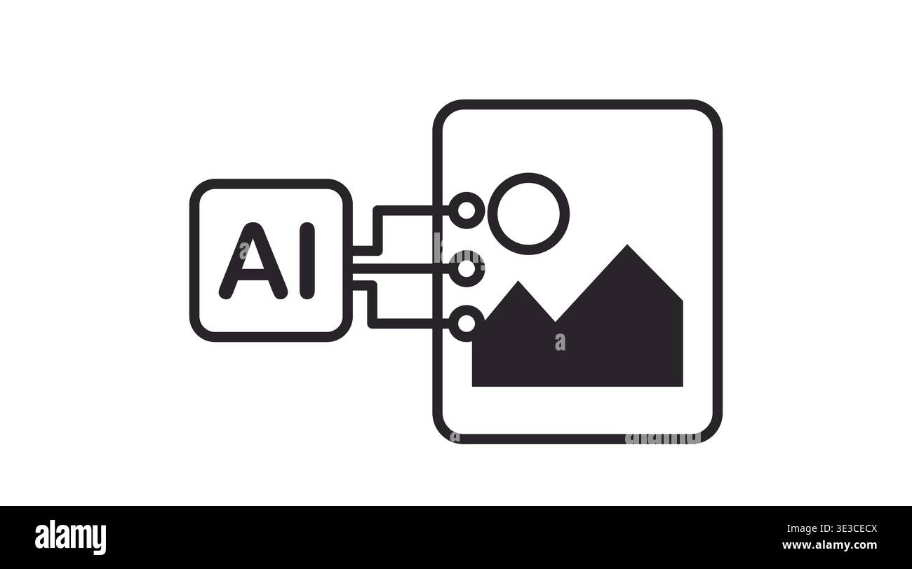 Black line icon of an image placeholder with AI letters and circuit connections. Stock Vector
