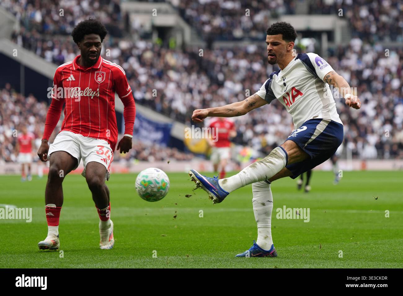 Tottenham Hotspur's Dominic Solanke (right) and Nottingham Forest's Ola  Aina battle for the ball during the Premier League match at the Tottenham  Hotspur Stadium, London. Picture date: Sunday March 22, 2026 Stock