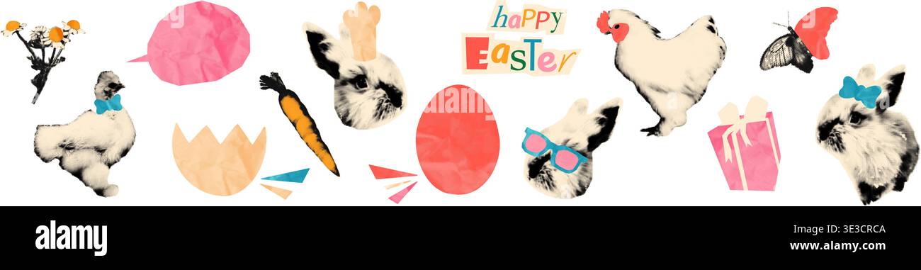 Easter bunny chicken halftone collage vector illustration Stock Vector