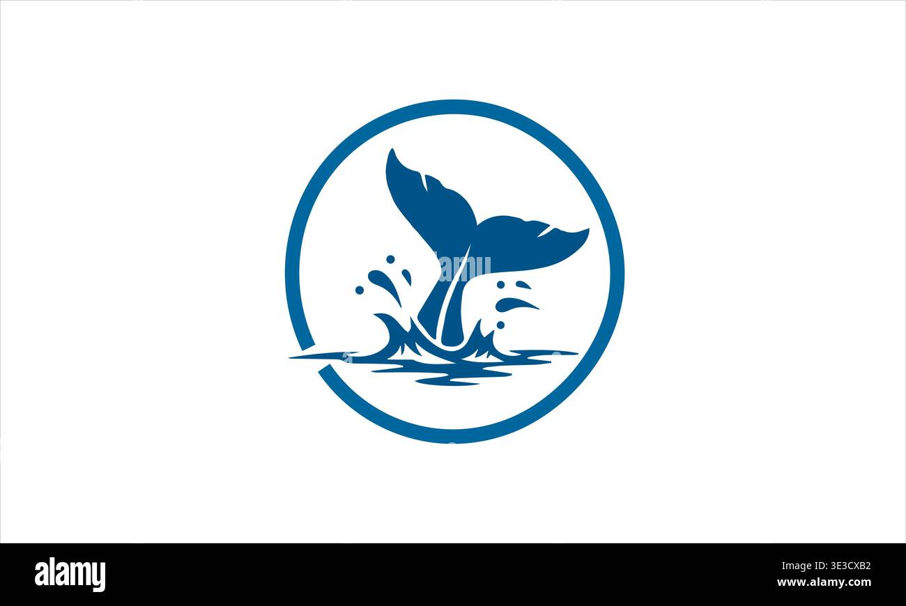 Blue whale tail logo in a circle with water splash isolated on white ...