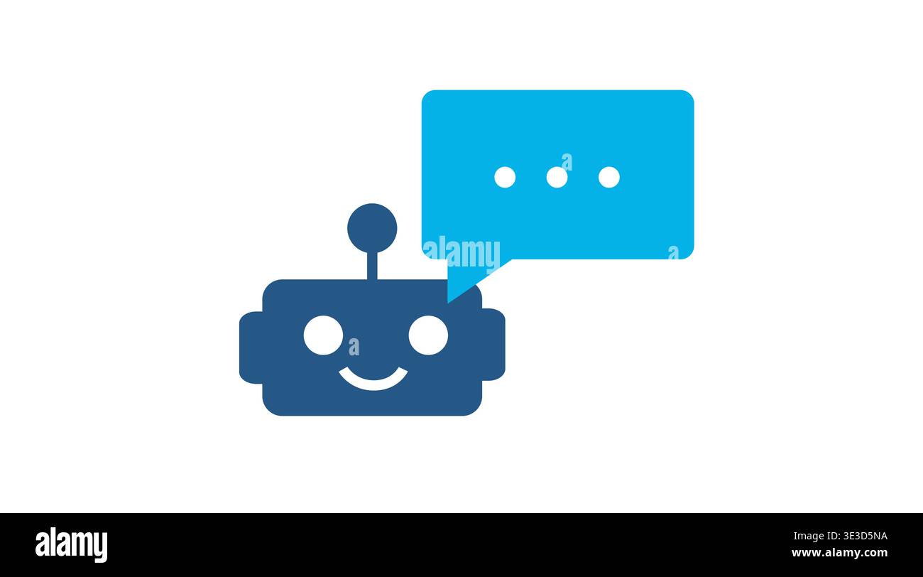 Duotone blue chatbot icon featuring a smiling robot with a speech bubble. Stock Vector