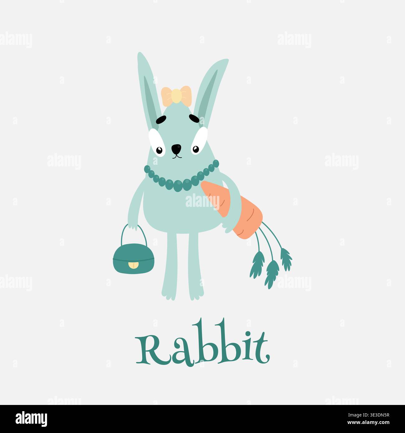 A cute rabbit with big ears, a bow on her head and a handbag in her hands, beads around her neck holding an orange carrot in her hands. Stock Vector