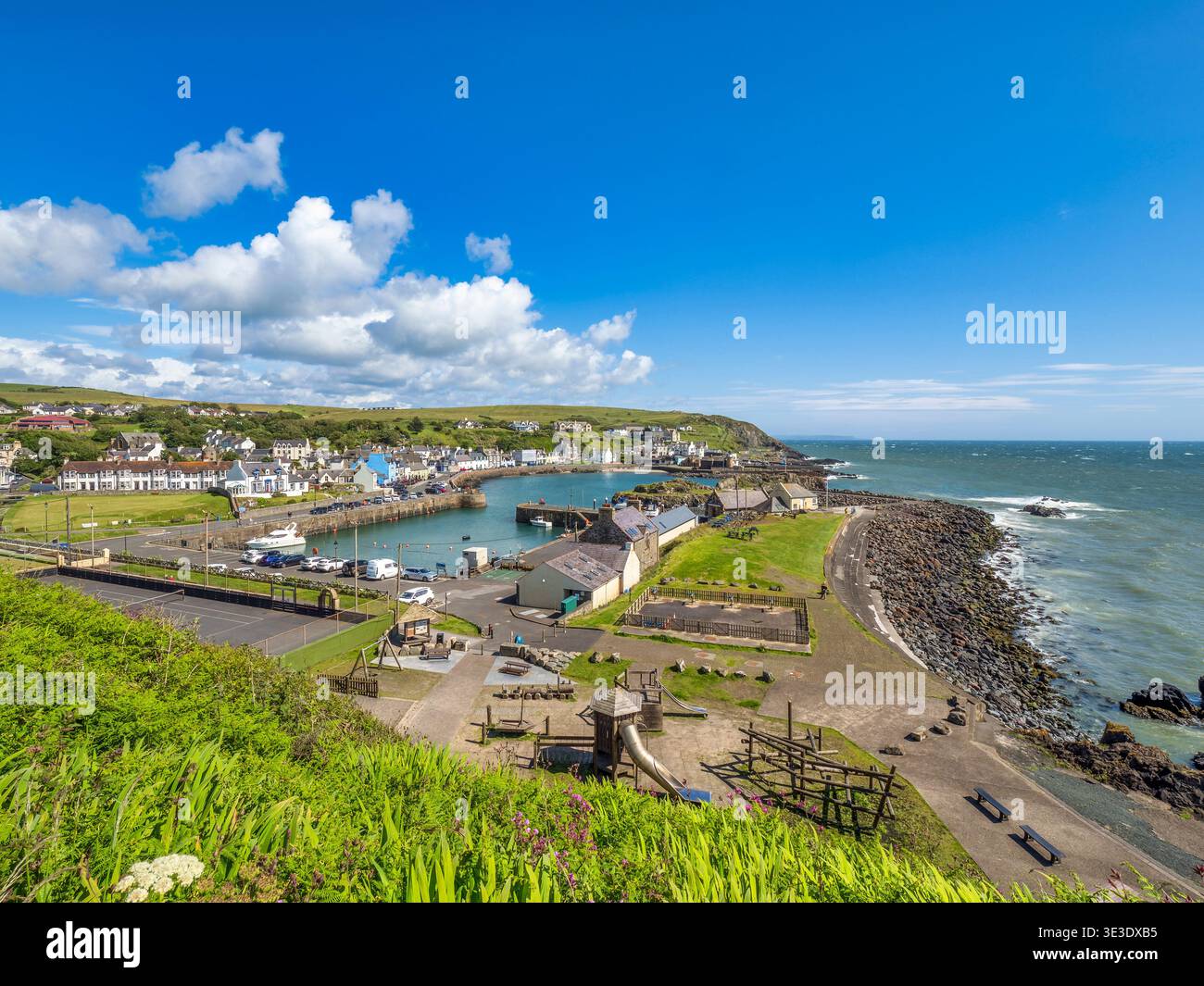 Portpatrick, Dumfries and Galloway, Scotland - the village, harbour, children's playground and sports facilities. Stock Photo