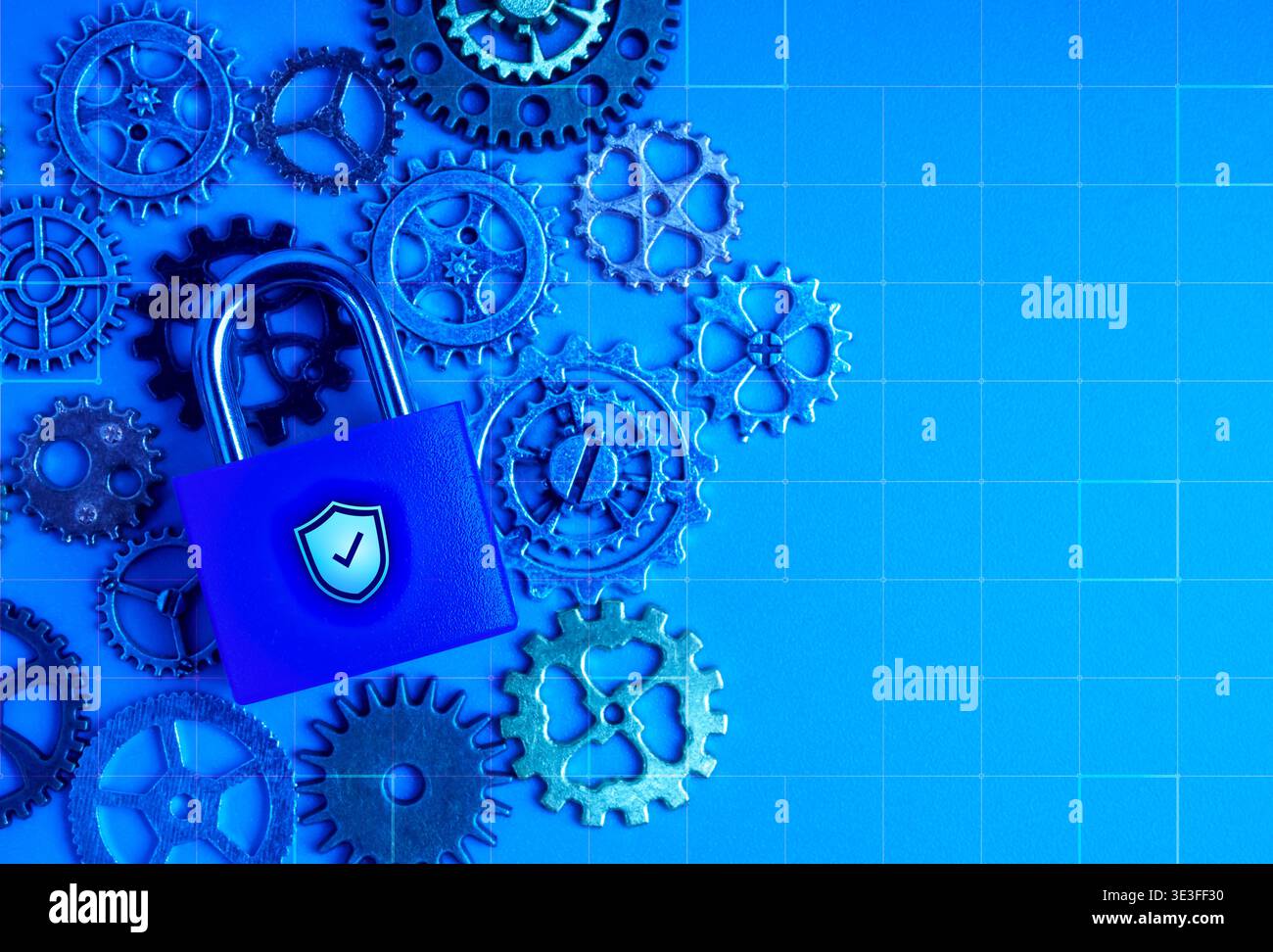 Secure system and cybersecurity infrastructure concept with digital padlock and interconnected gears, blue tone. Data protection mechanisms, encrypted Stock Photo