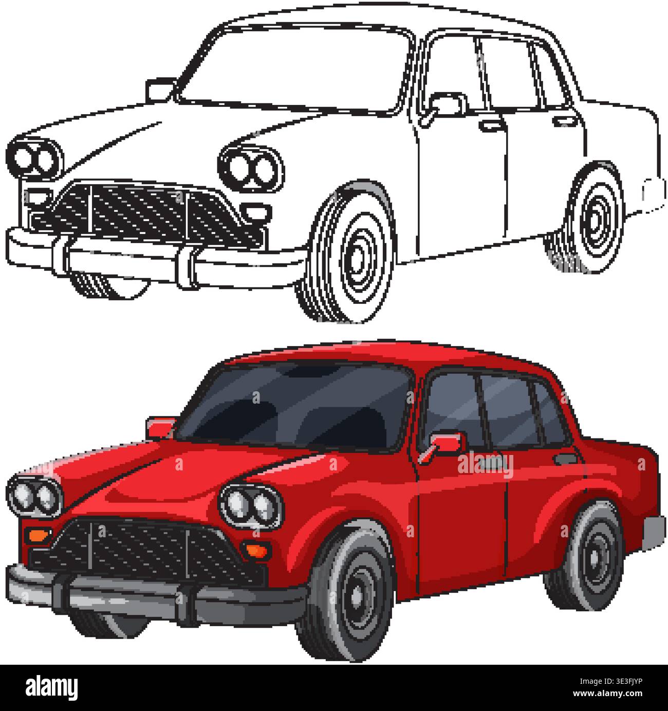 Vector classic red sedan with glossy shading and matching blackâoutline version on white background Stock Vector