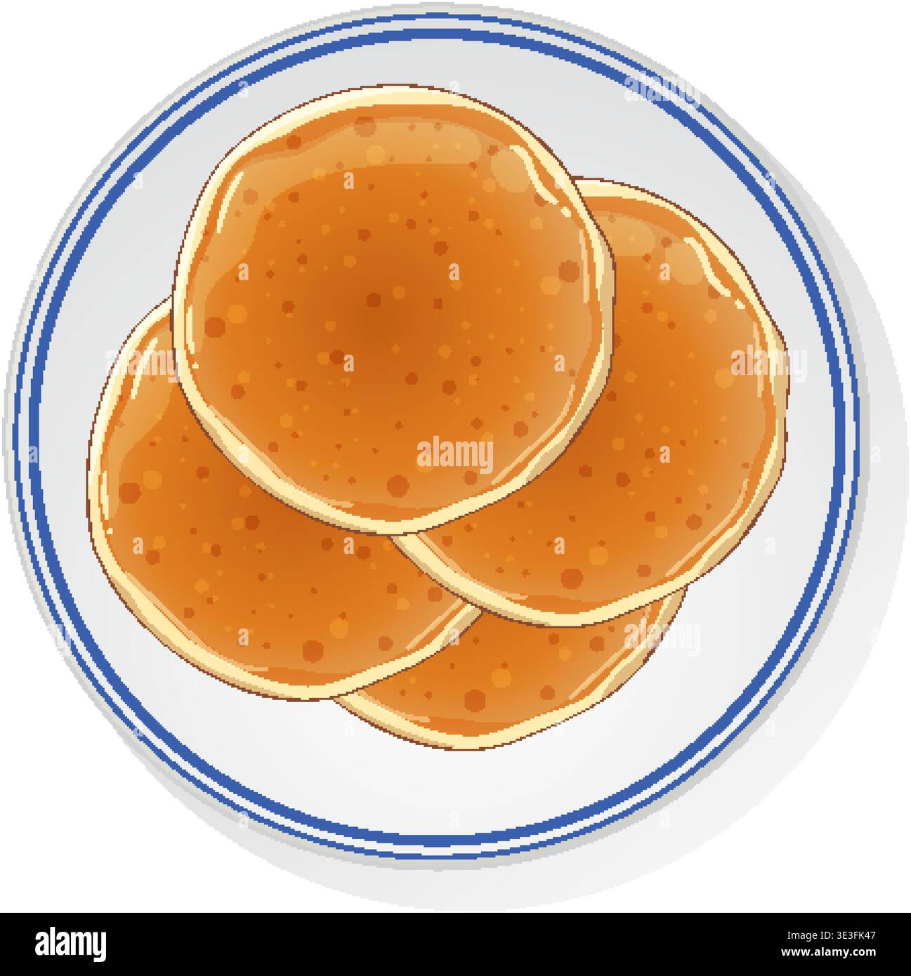 Three fluffy pancakes with syrup, top-down vector illustration, clean lines, soft shadows Stock Vector