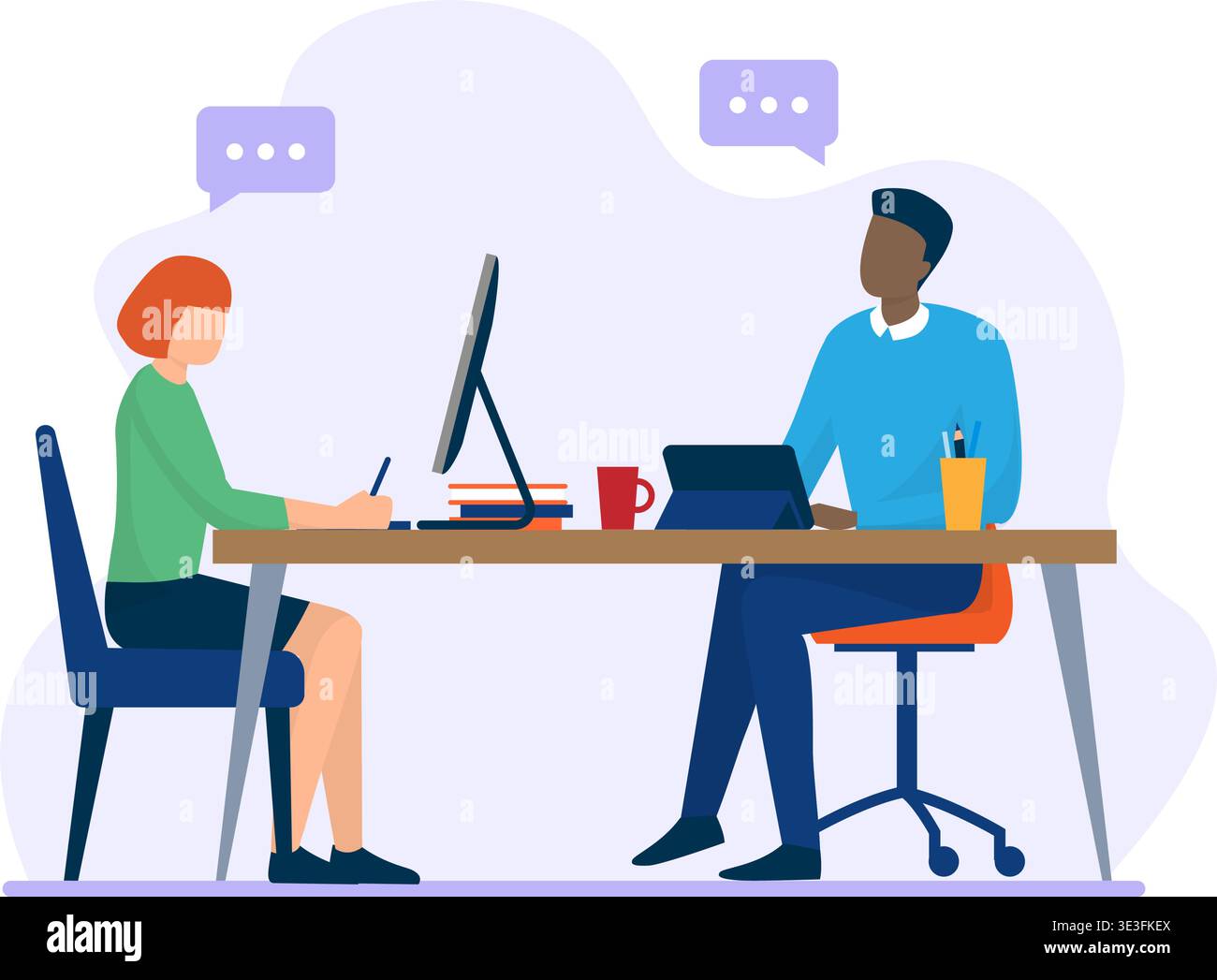 Flat vector of a man and woman working together on digital projects with computers and tablets in a modern workspace. Stock Vector