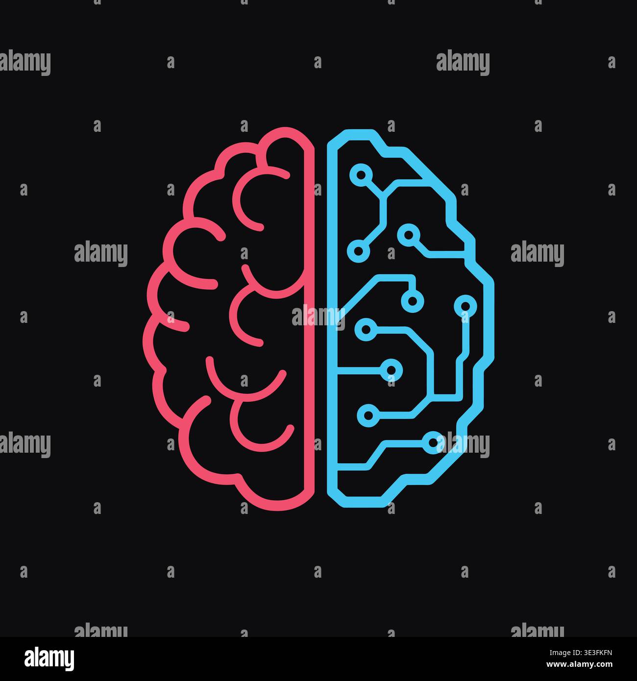 Neon style icon of artificial intelligence and human brain on dark background split concept showing comparison between technology and human thinking i Stock Vector