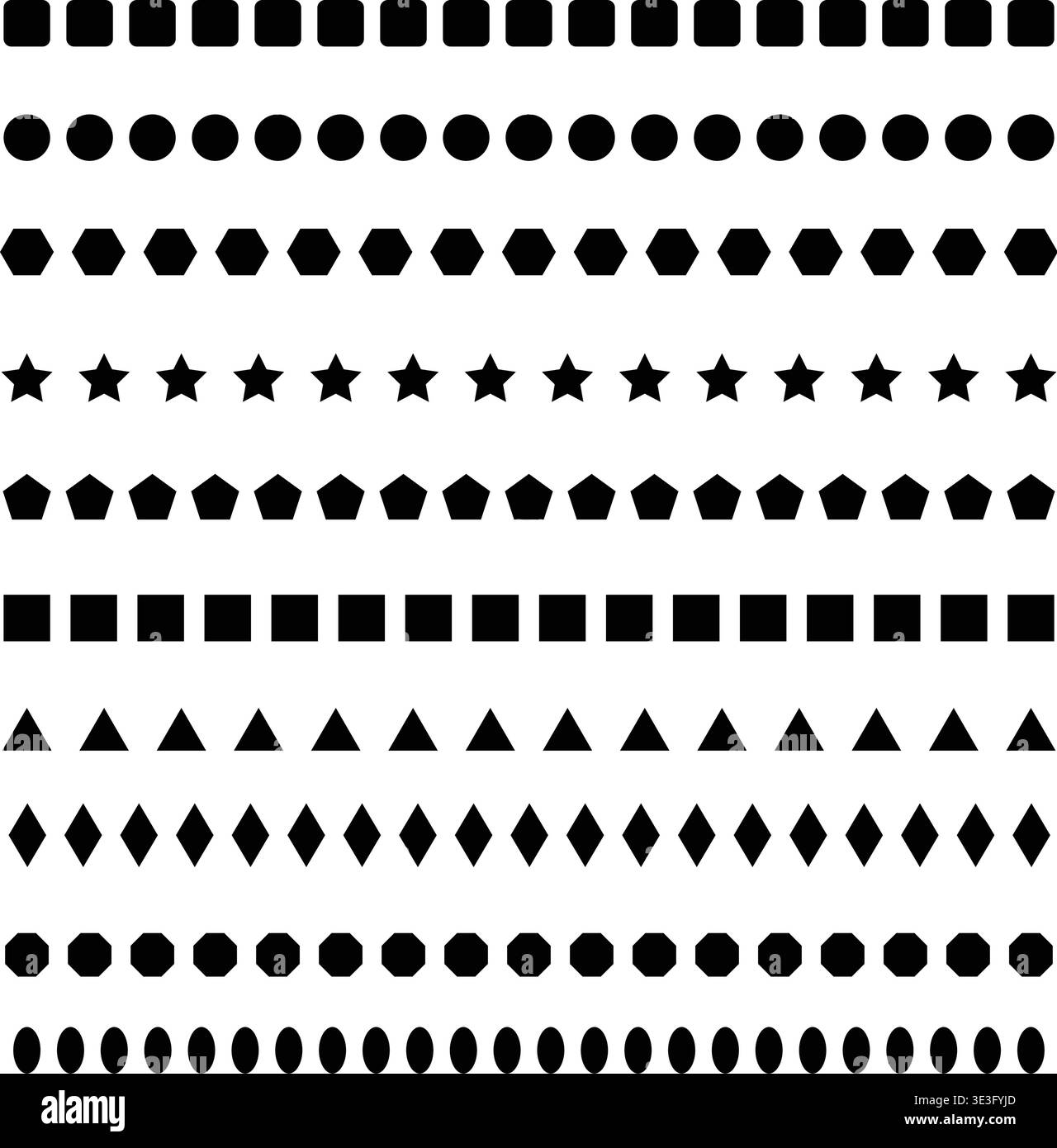 Geometric Shape Border Divider Set, Solid Repeat Square Circle Star Triangle Diamond Hexagon Strip Clipart Stock Vector