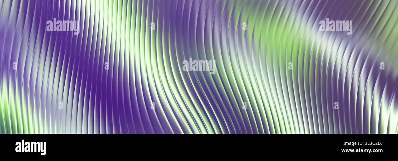 Abstract Holographic Metallic Wavy Background. Purple and Green Fluid Gradient Stock Photo