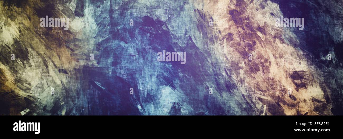 Abstract Dark Grunge Paint Texture. Rough Blue and Gold Brushstrokes Background on Canvas. Stock Photo