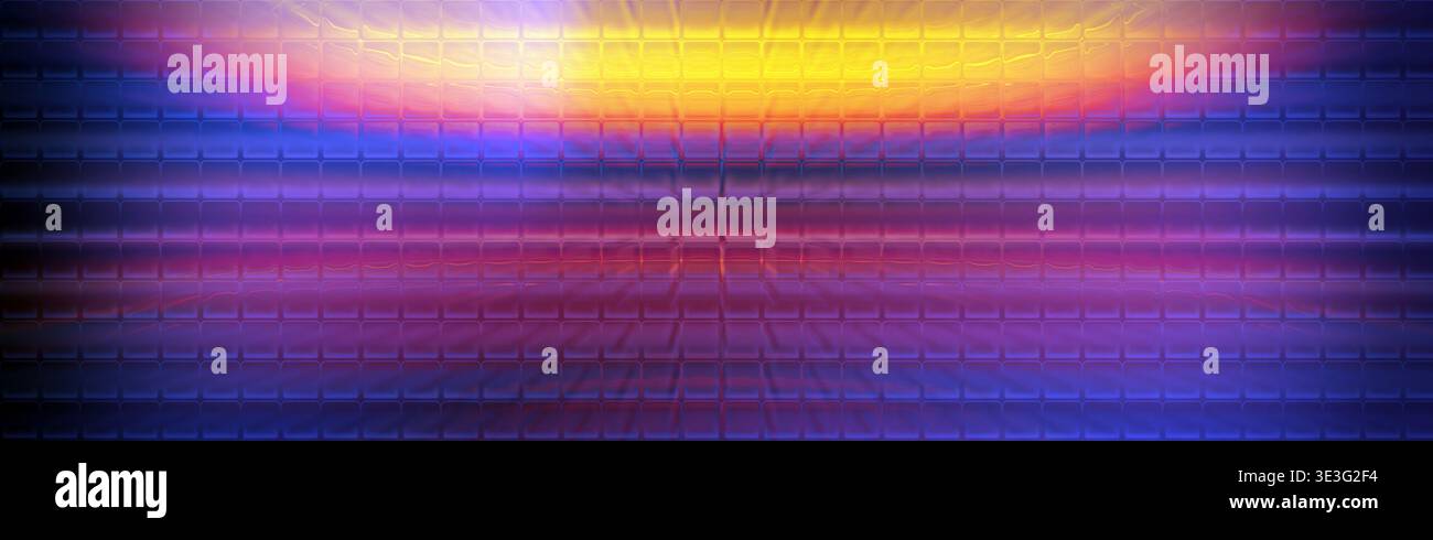 Abstract Neon Grid Background with Purple Blue Glow and Golden Light Center Stock Photo