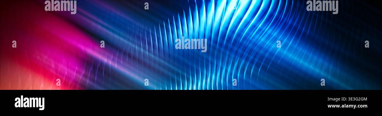Abstract Blue Red Neon Wave Background with Glowing Light Rays and Ribbed Stock Photo