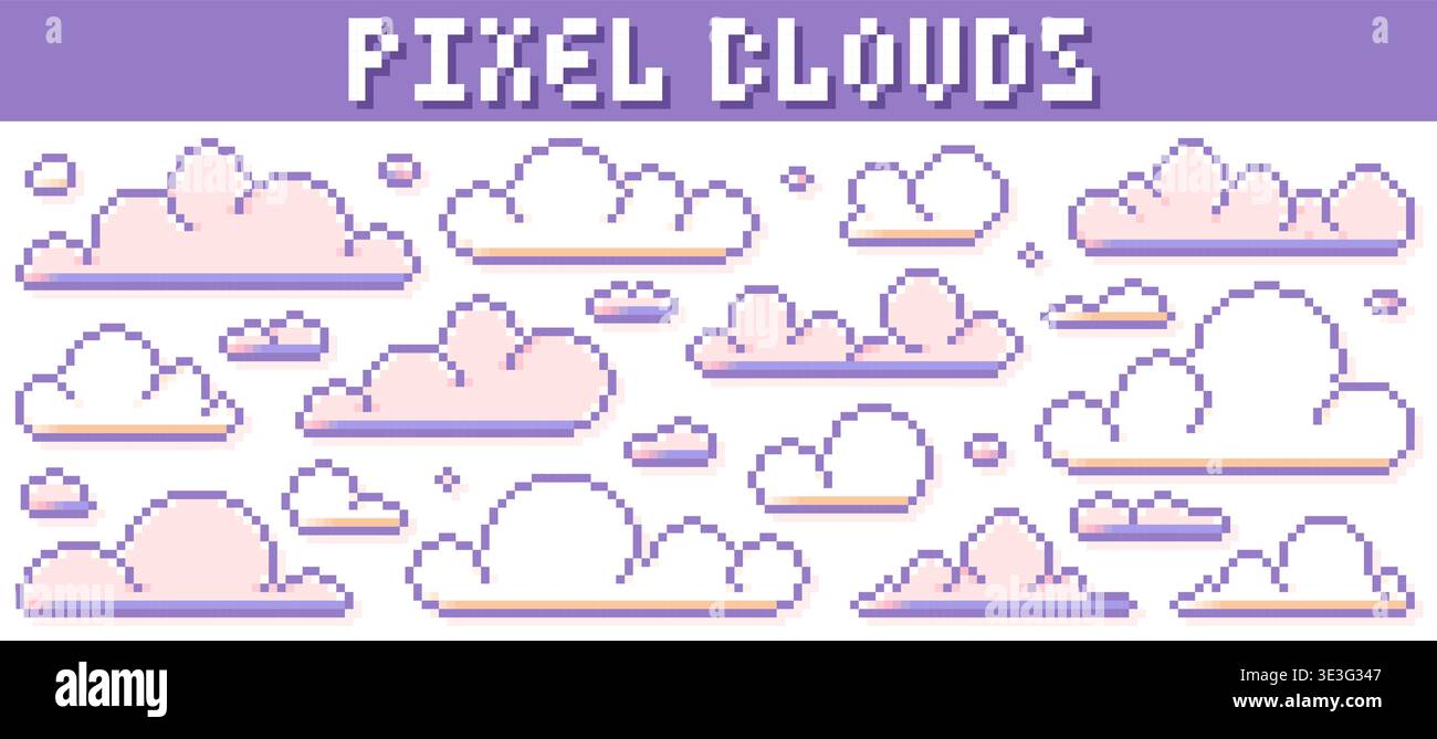 Pack with pixel art game white and pink clouds. Stock Vector