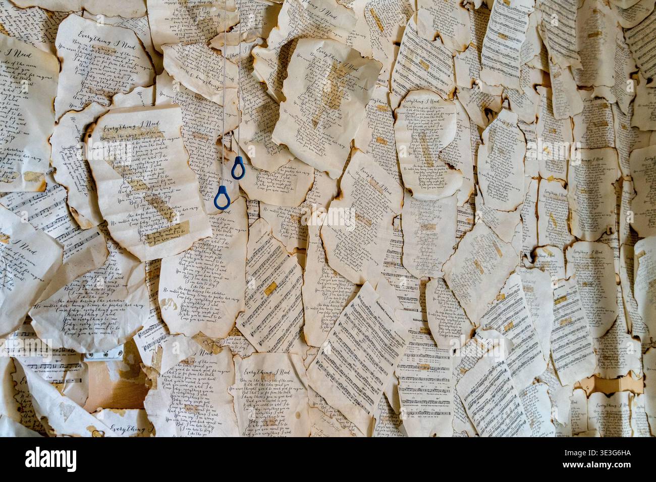 Text Fragments Text fragments form a textured, layered collage. Blue teardrop-shaped ...