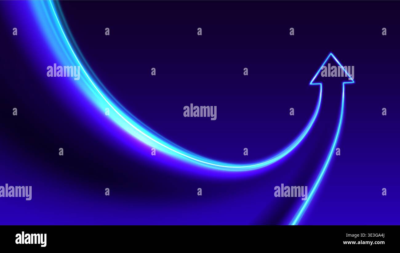 Neon glowing lines combining upward arrow. Symbol of growth, synergy, success. Futuristic tech concept on dark gradient background. Stock Vector