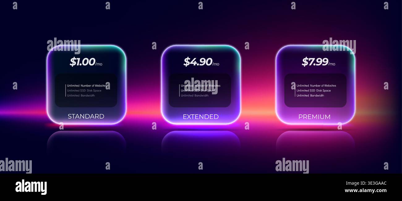 Glassmorphism pricing interface for SaaS, web hosting, digital services, cloud platforms, subscription apps, and tech startups, featuring glowing neon Stock Vector