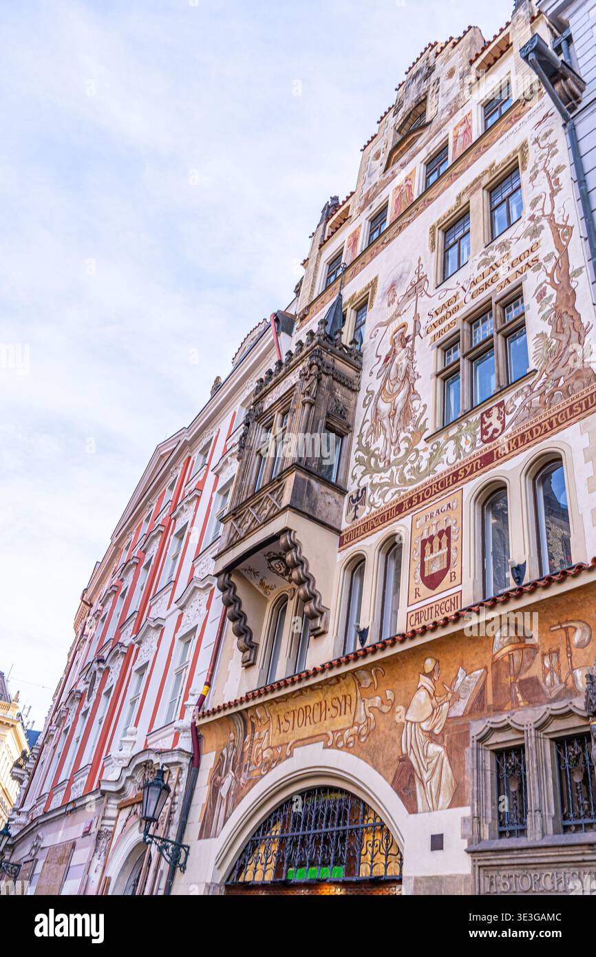 Prague city street house tourist center. Old town balcony facade ...