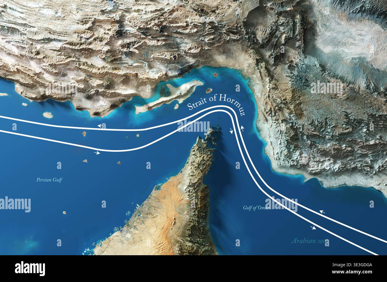 Satellite relief Map of the Strait of Hormuz and Shipping Lanes - 3D rendering - open source copernicus Sentinel 2 satellite imagery Stock Photo - Alamy