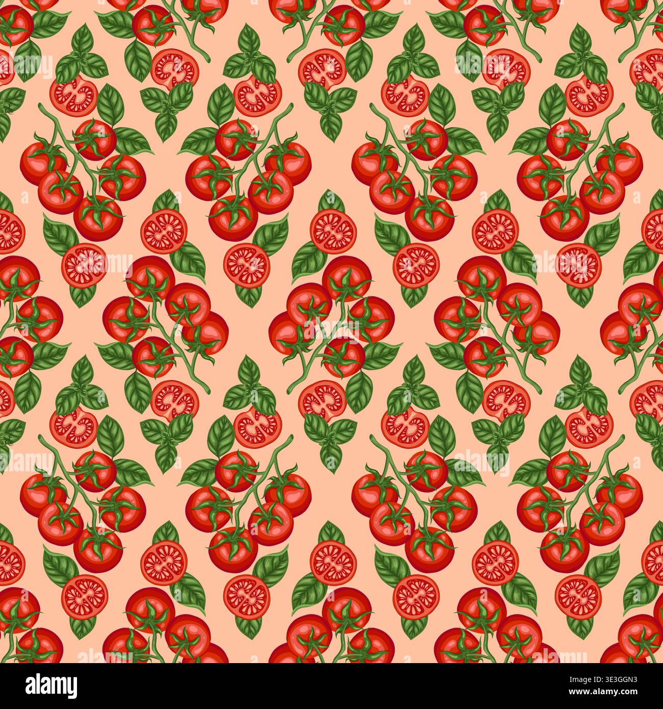 Tomato cherry branch and basil leaf vector seamless pattern. Hand drawn vegetable rhomb on peach background. Organic food for restaurant menu design. Natural kitchen print for wallpaper and textile. Stock Vector