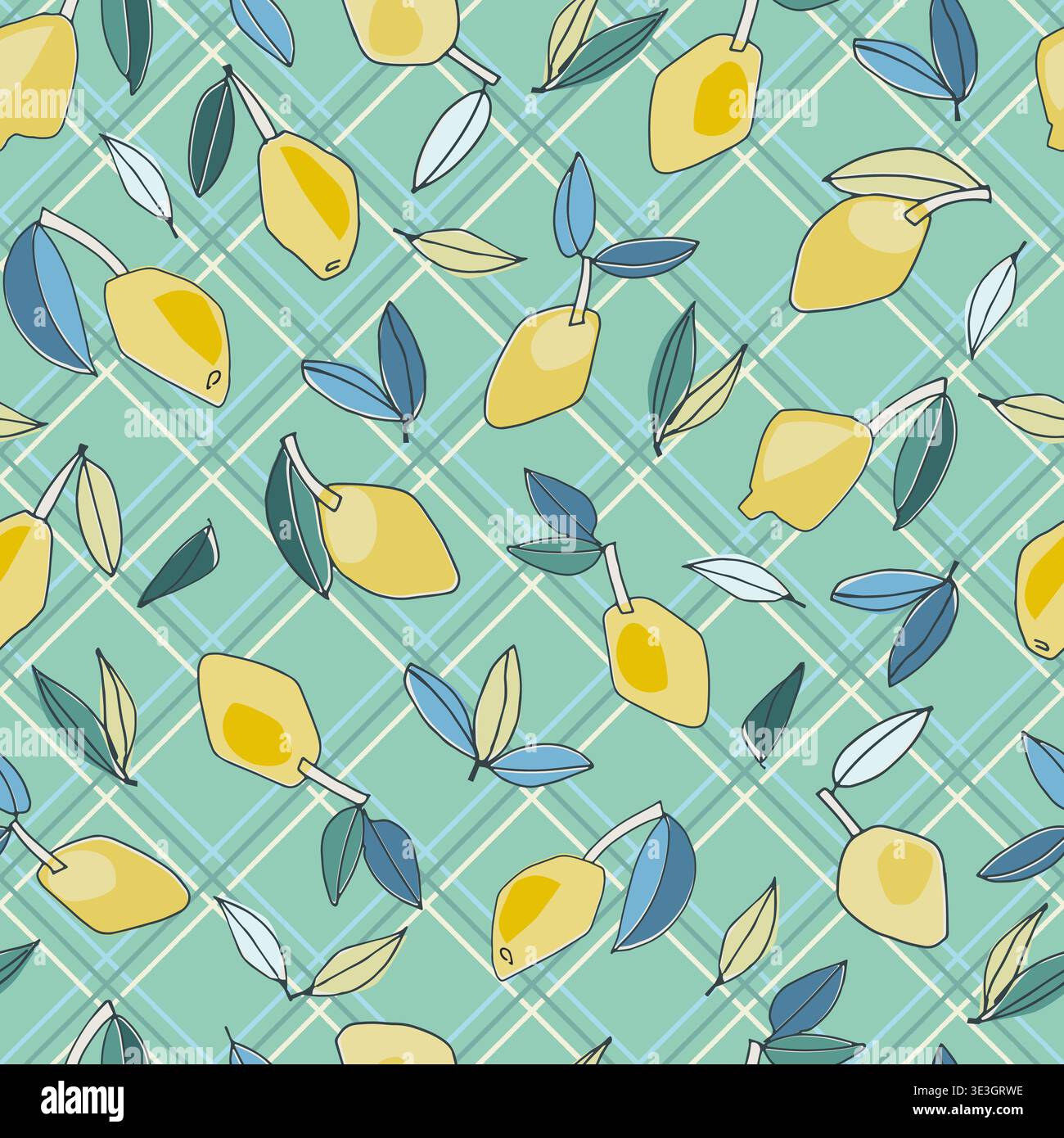 Seamless pattern with hand drawn lemons for textile, home decor, branding, visual communication, content, social media background, posters in Mediterr Stock Vector