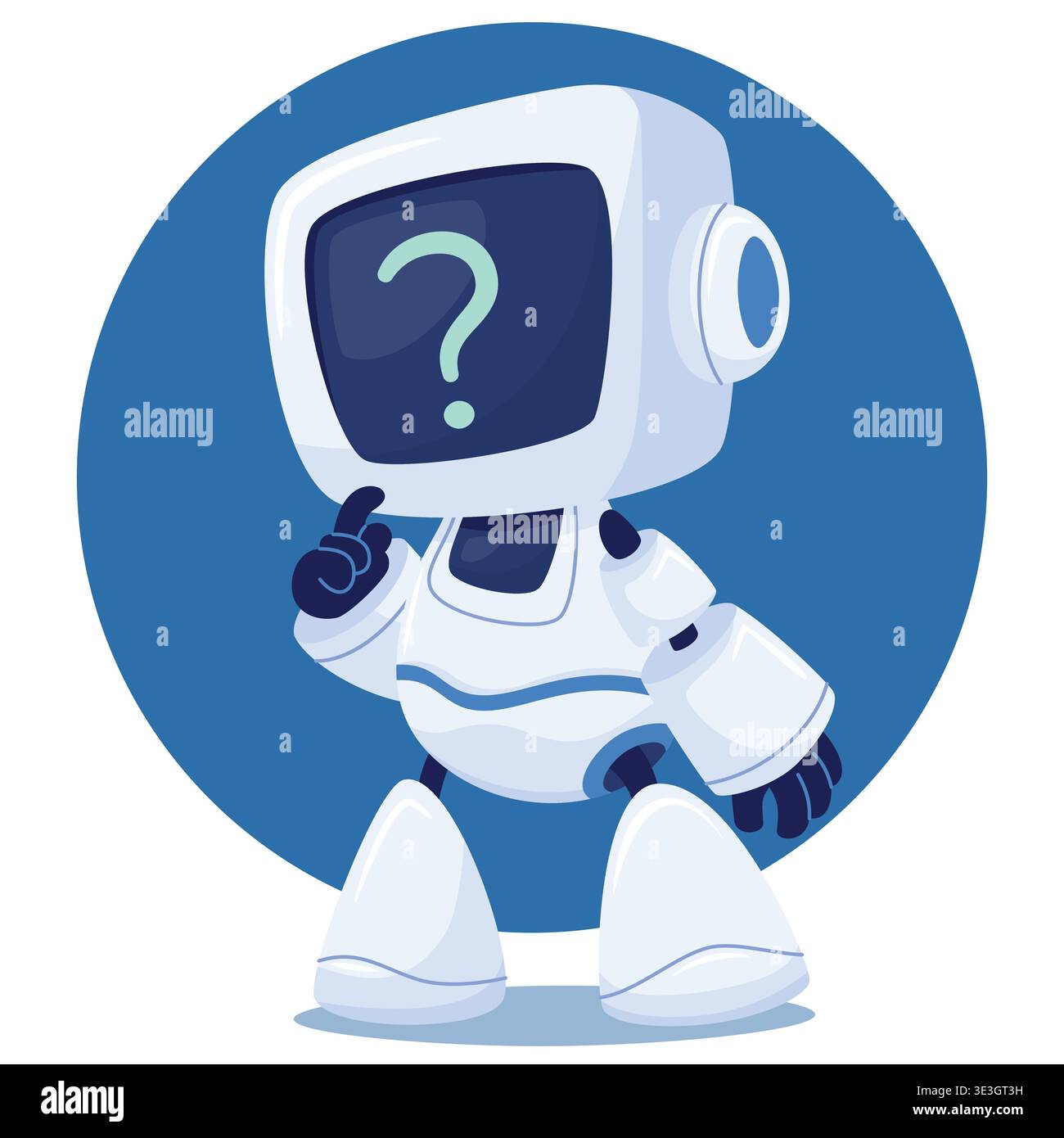 A cute, android character with a screen for a face. robot pondering a solution to a problem Stock Vector