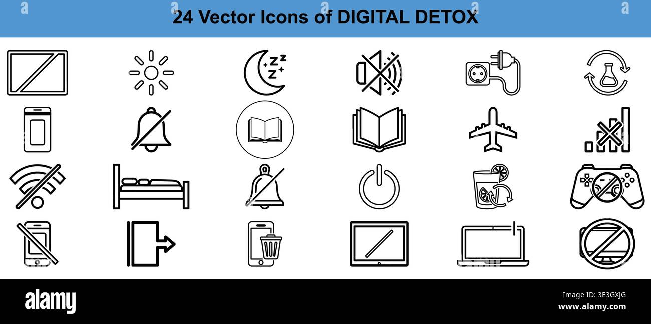 A collection of twenty-four black and white line vector icons representing digital detox themes Vector Stock Vector