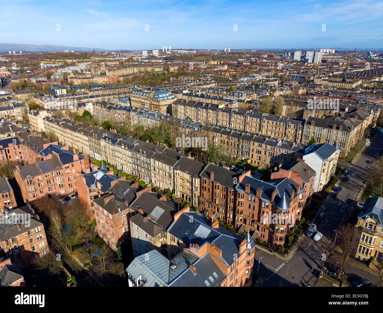 Aerial view of traditional sandstone apartment buildings at Hillhead  in west end of Glasgow, Scotland, UK Stock Photo