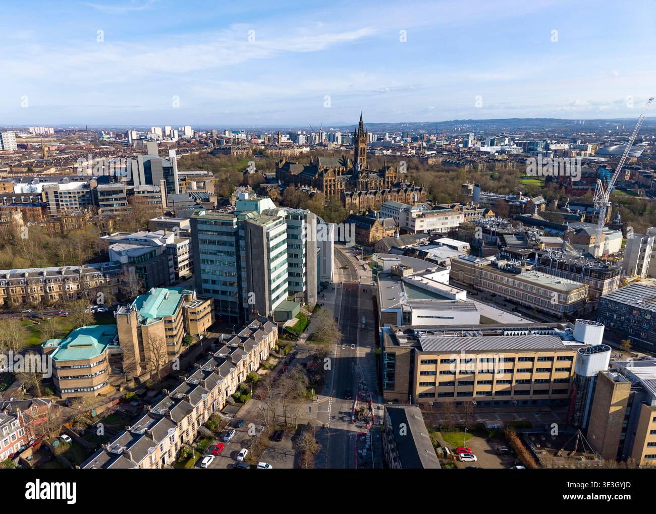Aerial view of campus of University of Glasgow along University Avenue with new construction on right , Glasgow, Scotland, UK Stock Photo