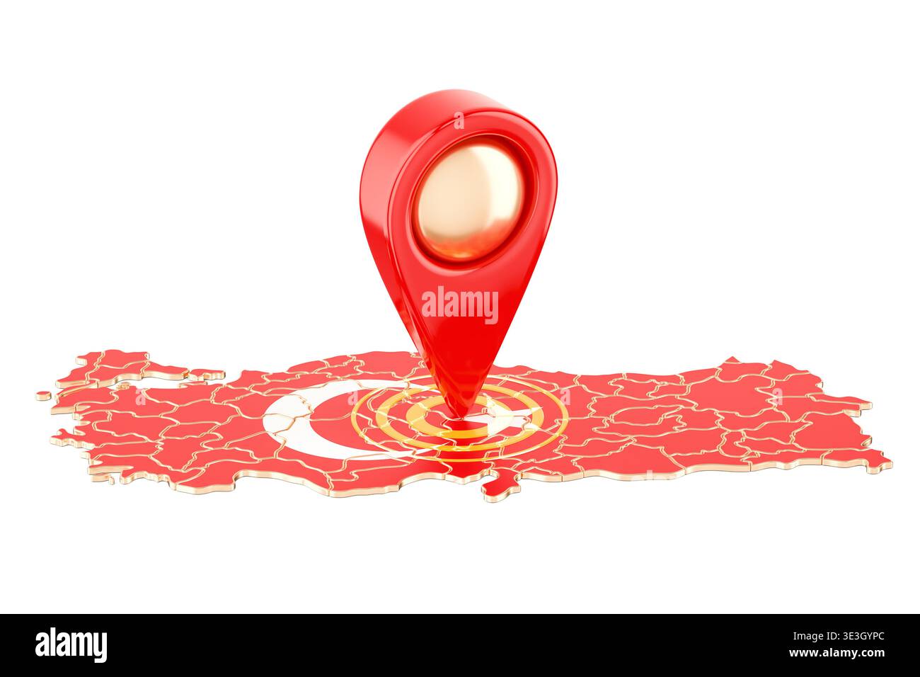 Map pointer on the map of Turkey, 3D rendering isolated on white background Stock Photo