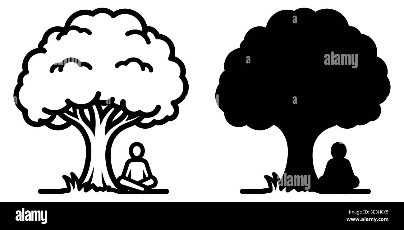 A black and white line art illustration showing a person meditating ...