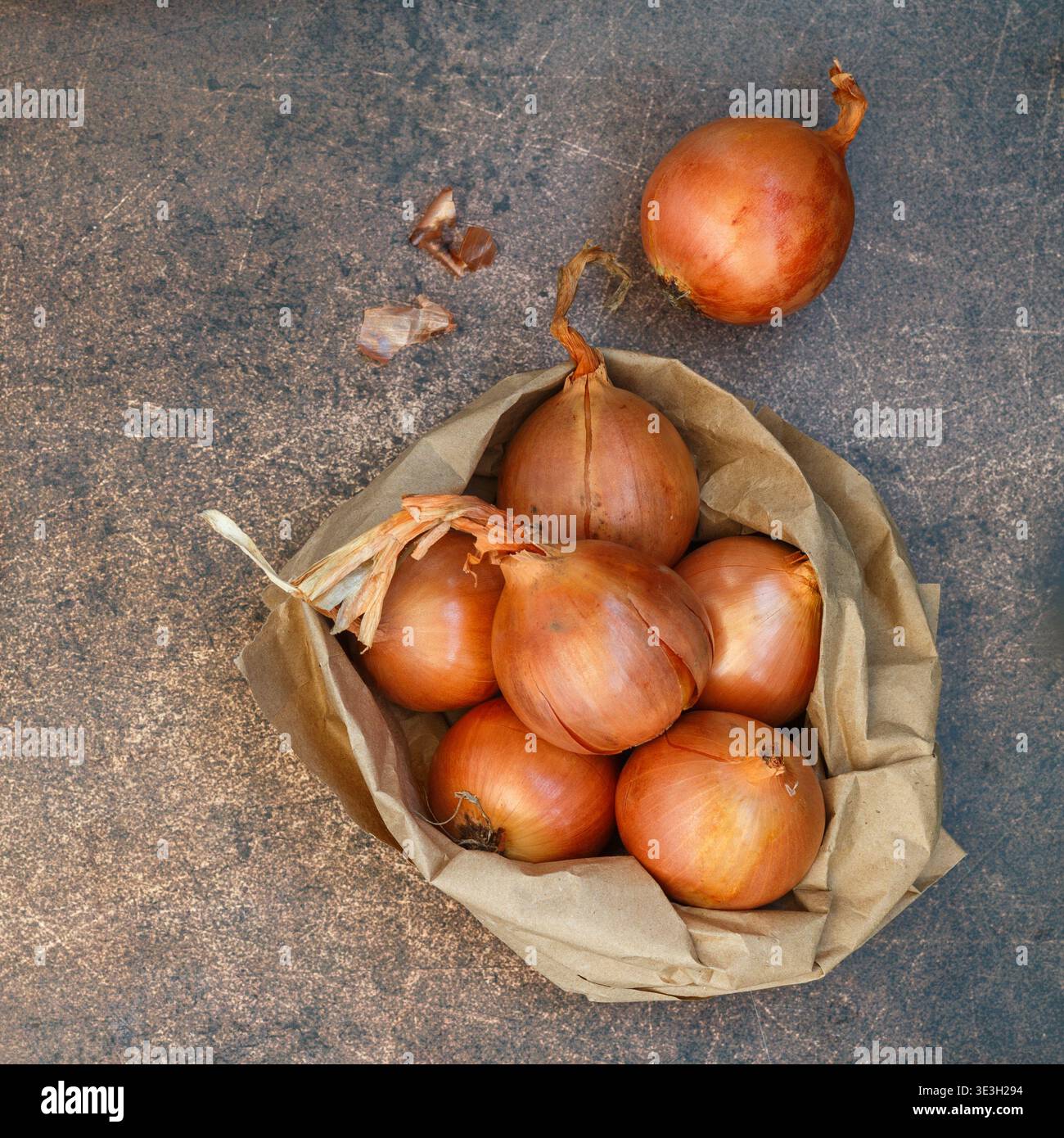 Fresh organic onions in a paper bag. Vegetables from the garden. Bio ...