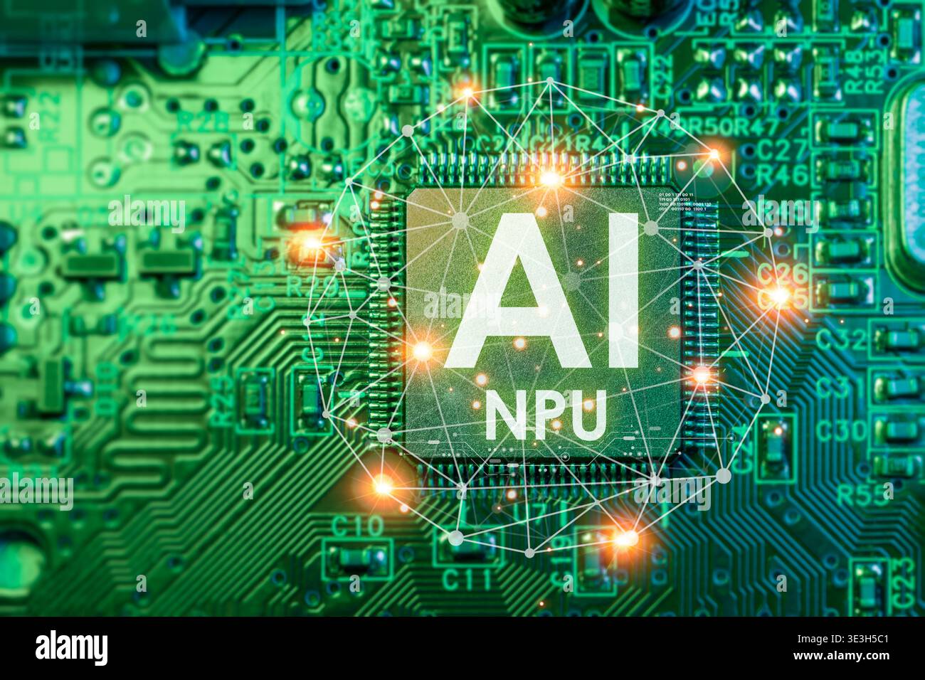 Ai Chips, AI NPU Microprocessor, Discrete Artificial intelligent computer processor on circuit board modern central processing units. Stock Photo