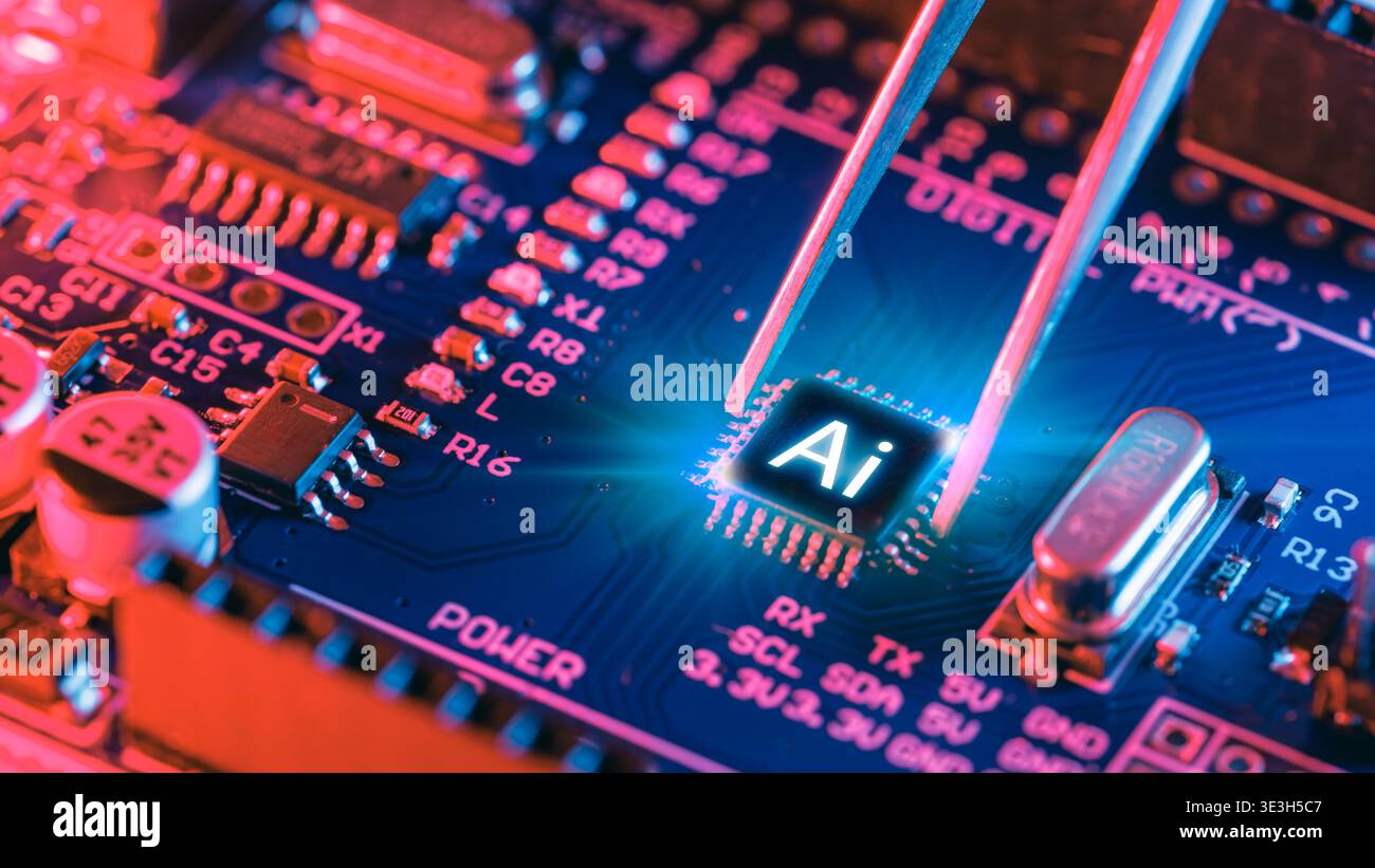 Ai Chips, AI microprocessor, Artificial intelligent memory computer processor on circuit board concept. Stock Photo