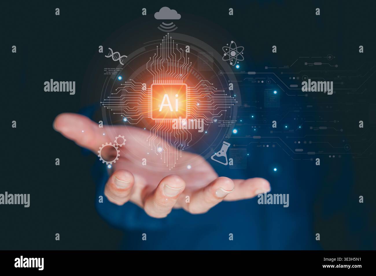 AI computer chip on hand. AI business concept. Artificial Intelligence digital technology applied science. Modern computer technology in Machine Learn Stock Photo