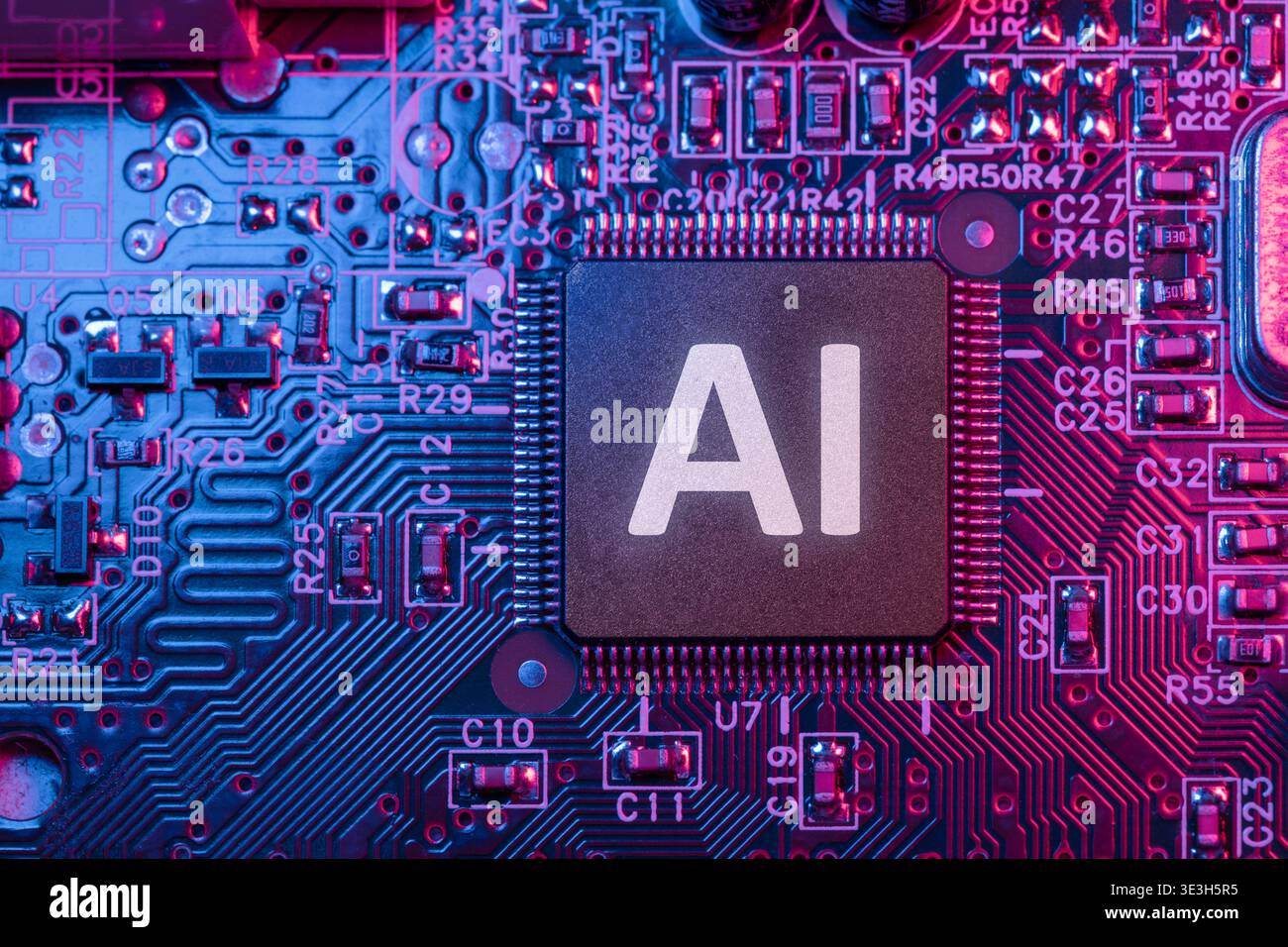 Ai Chips, AI microprocessor, Artificial intelligent memory computer processor on circuit board. Stock Photo
