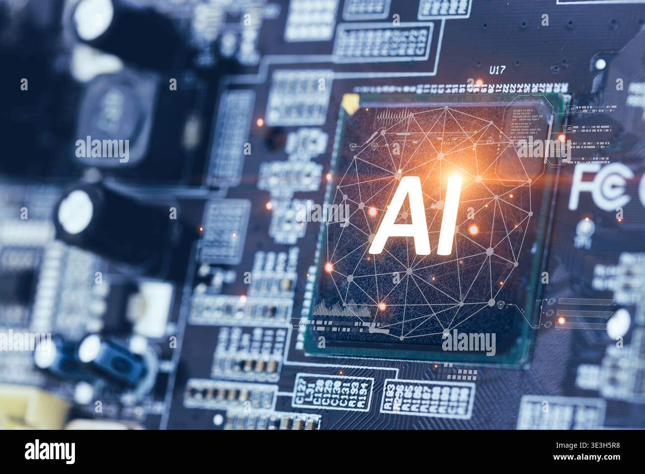 Ai Chips, AI Microprocessor, Artificial intelligent memory computer CPU processor on circuit board concept Stock Photo