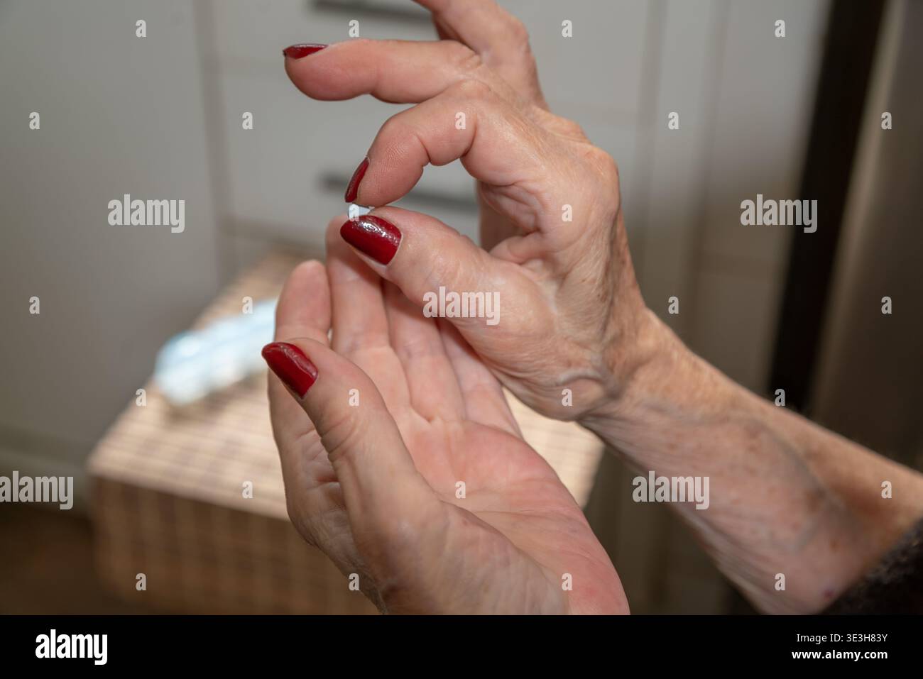 Elderly woman's hands carefully holding a single pill, representing healthcare and daily regimen Stock Photo