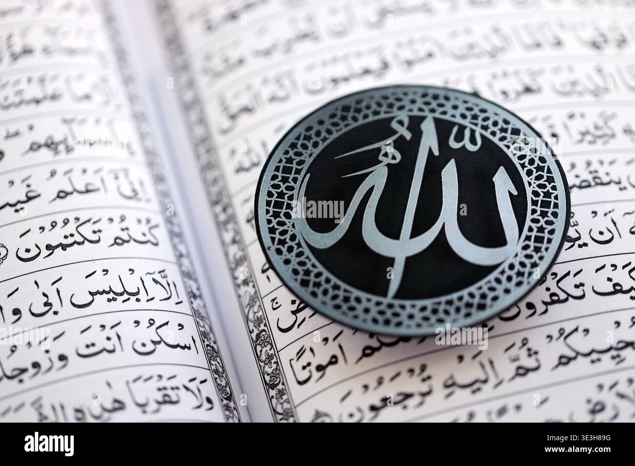Sign with Islam inscription on Muslim holy book in mosque. Details of ...