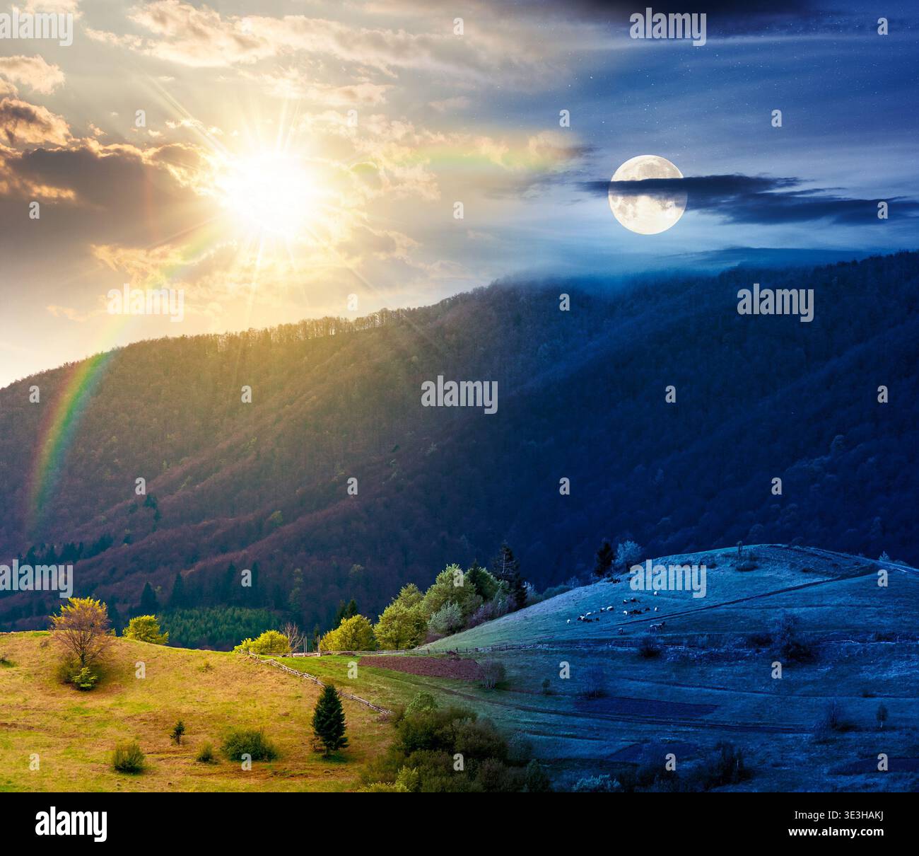 rural mountain landscape during spring. day and night time change concept. wonderful countryside scenery on a cold weather with sun and moon at twilig Stock Photo