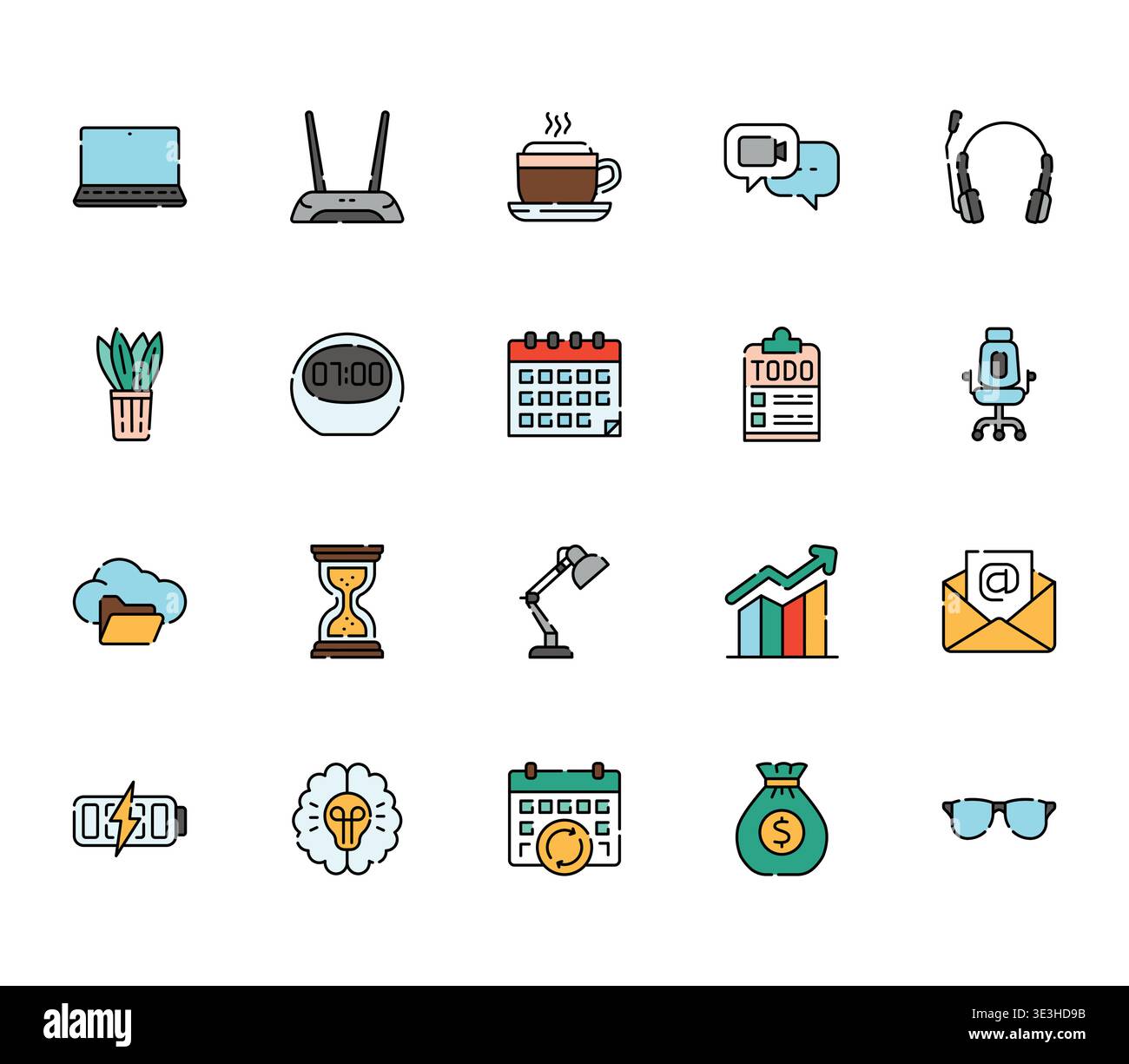 remote work color line icons set. Vector isolated element. Editable stroke. Stock Vector