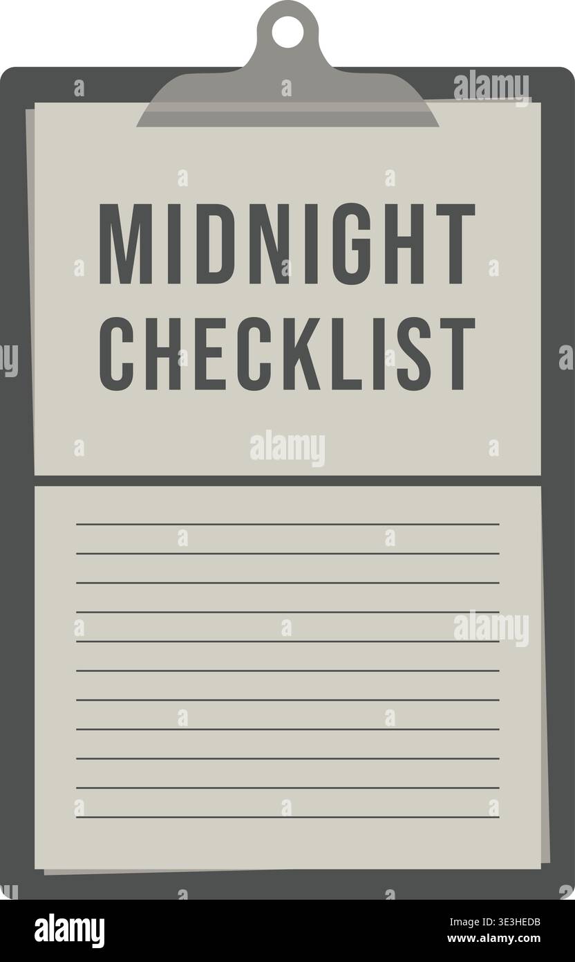 Clipboard style note sheet illustration featuring midnight checklist text above a lined writing area on a muted rectangular board. Stock Vector