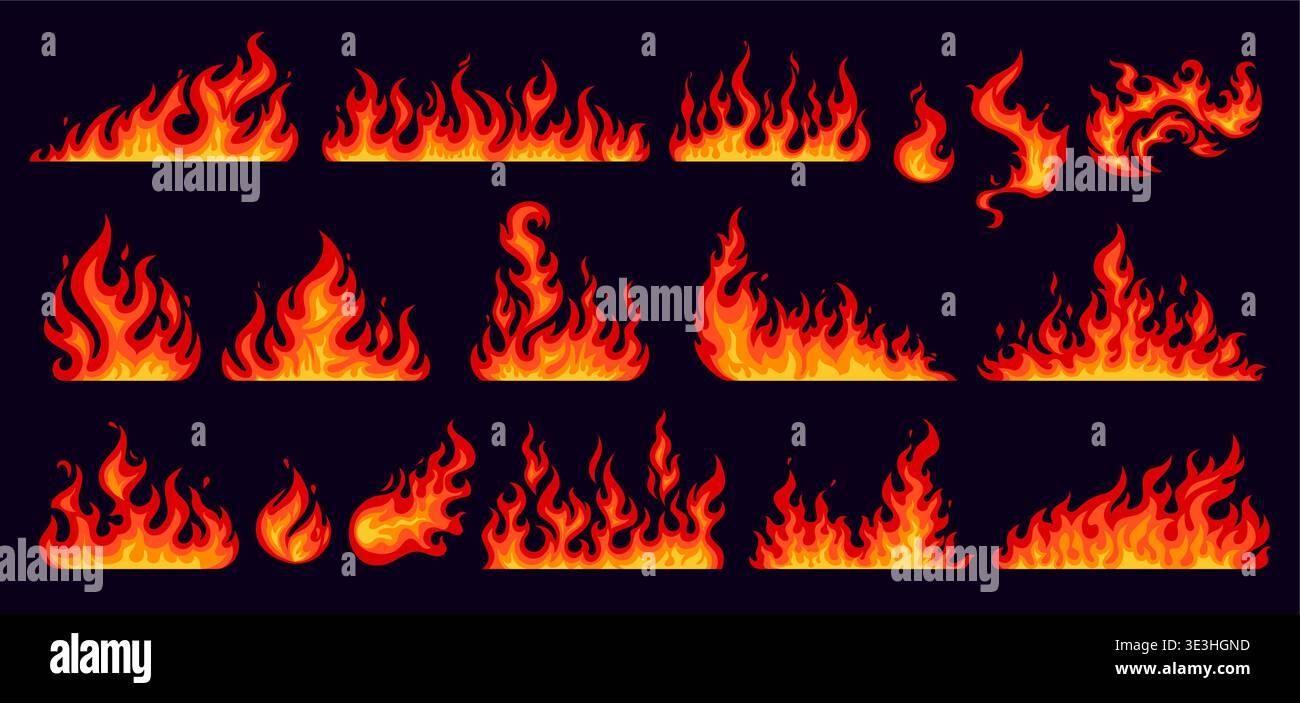 Cartoon fire flames, vector set of burn effects Stock Vector