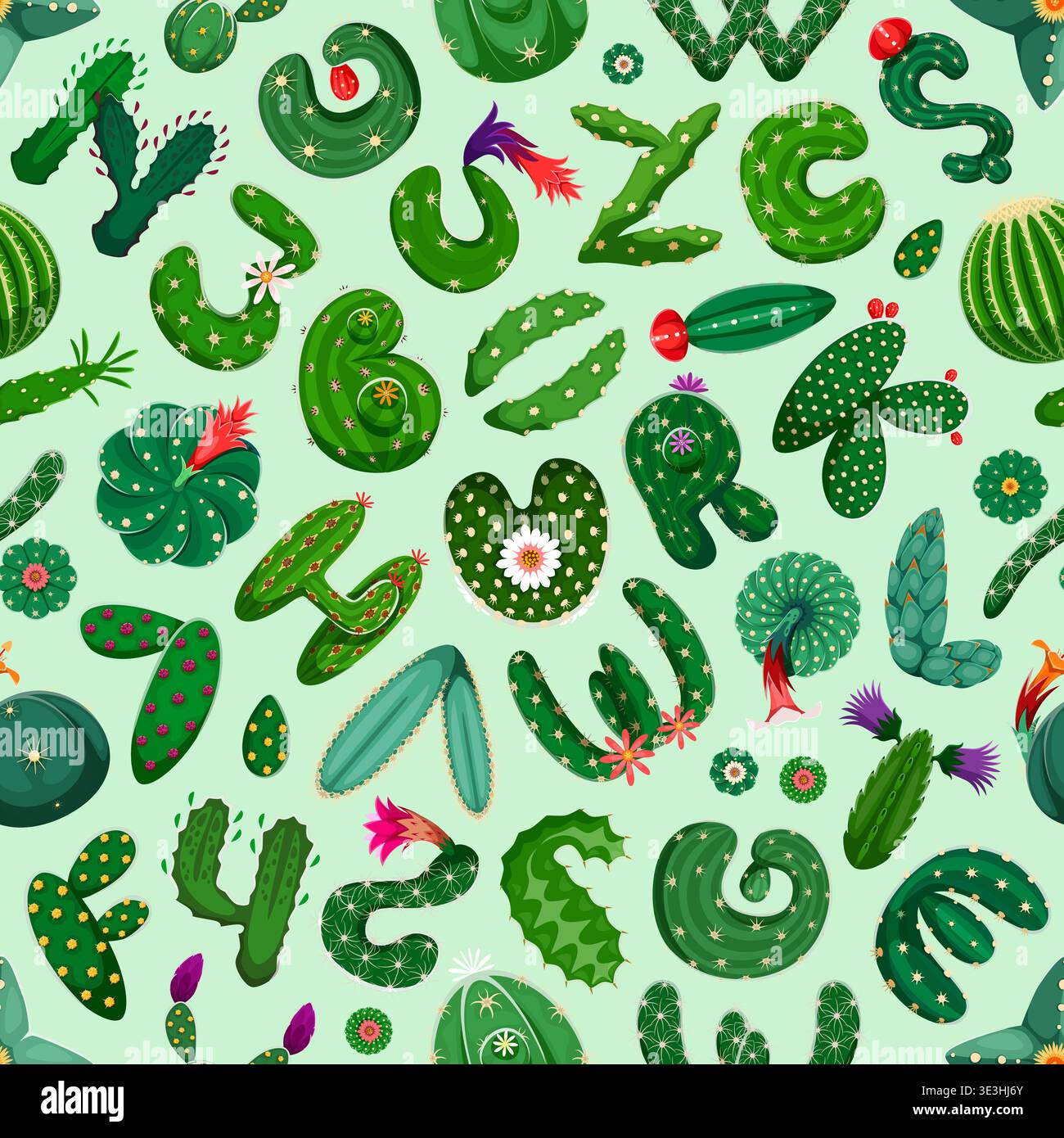 Cacti font, succulent typeface seamless pattern Stock Vector
