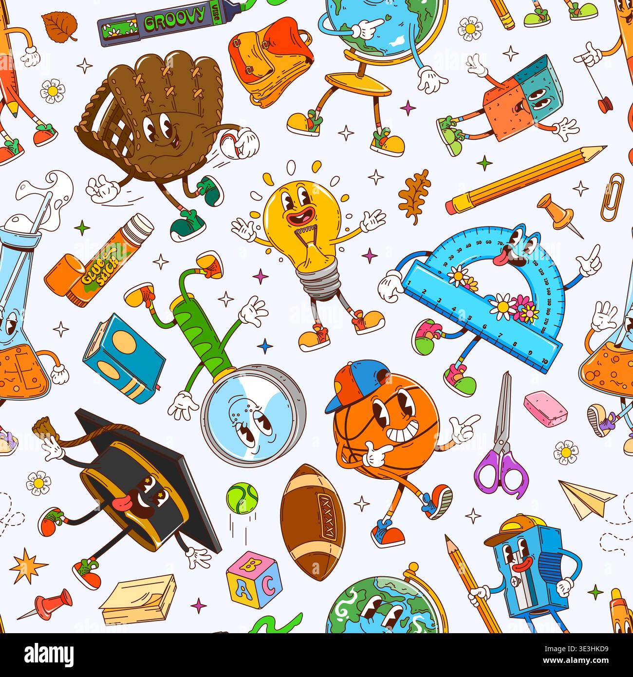 School stationery groovy characters pattern Stock Vector